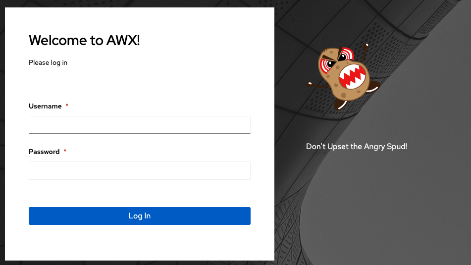 AWX login screen with custom text and logo.