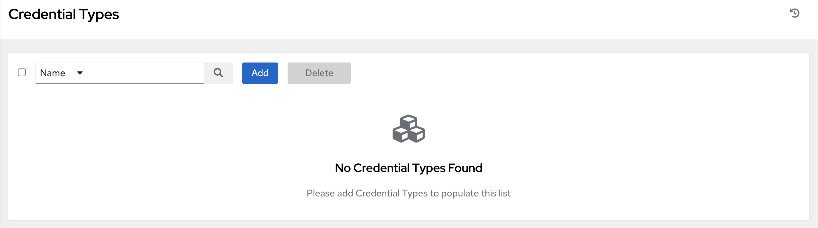 Credential Types view without any credential types populated