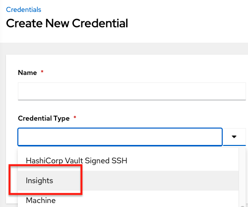 Dropdown menu for selecting the "Insights" Credential Type