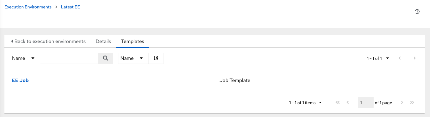 Templates tab of the Execution Environment showing one job associated with it