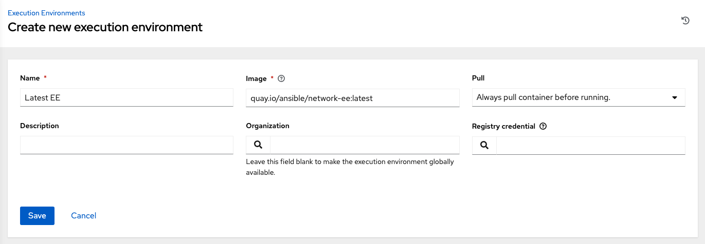 Create new Execution Environment form