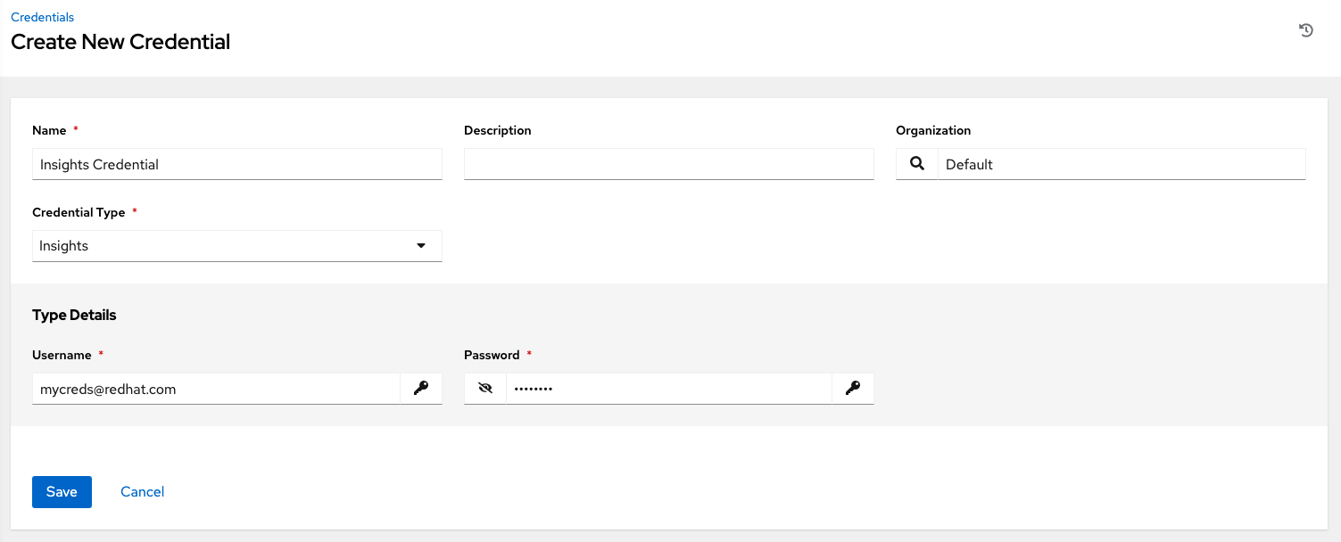 Create new credential form showing example Insights credential