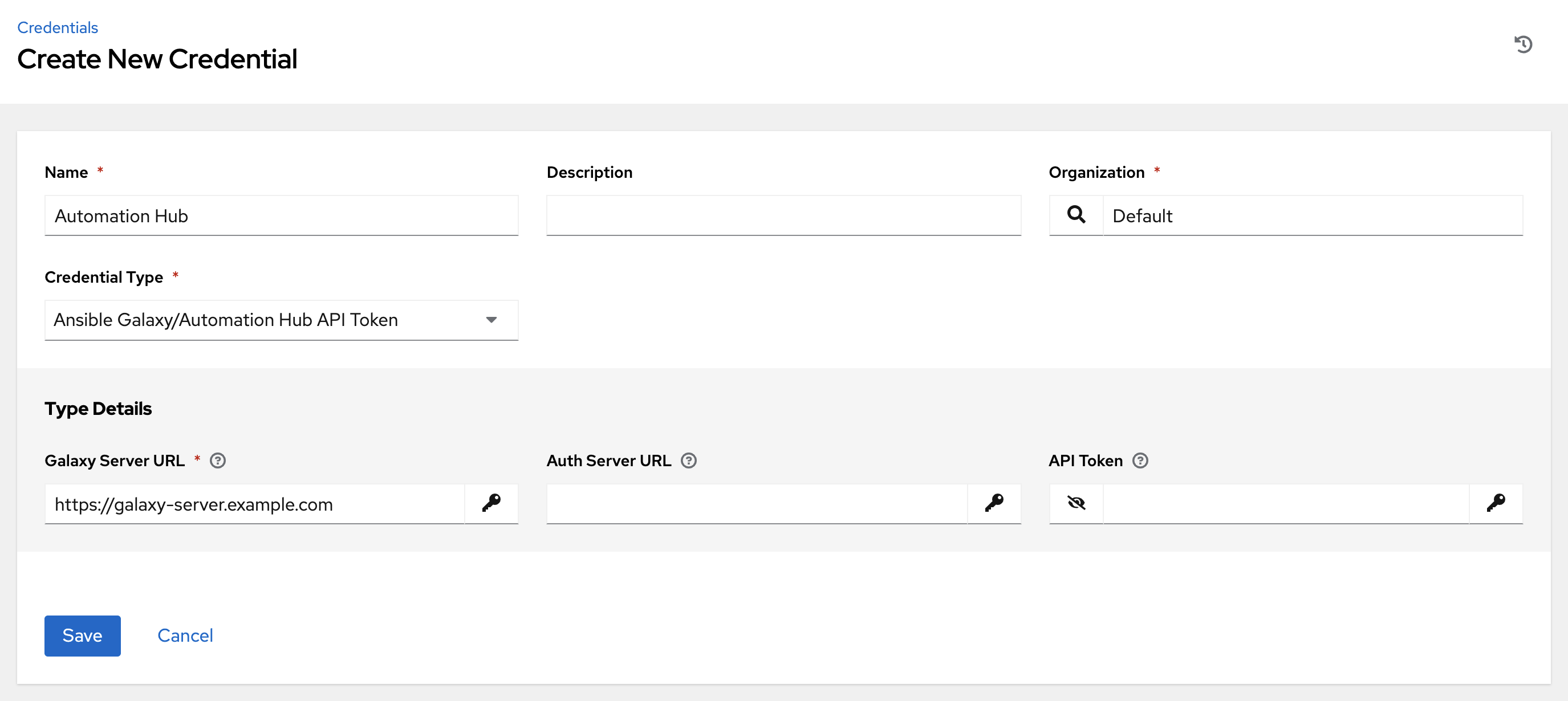 Create New Credential form for Ansible Galaxy/Automation Hub API Token Credential Type.