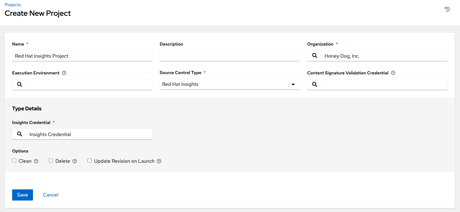Create New Project form for Red Hat Insights Source Control Credential Type.