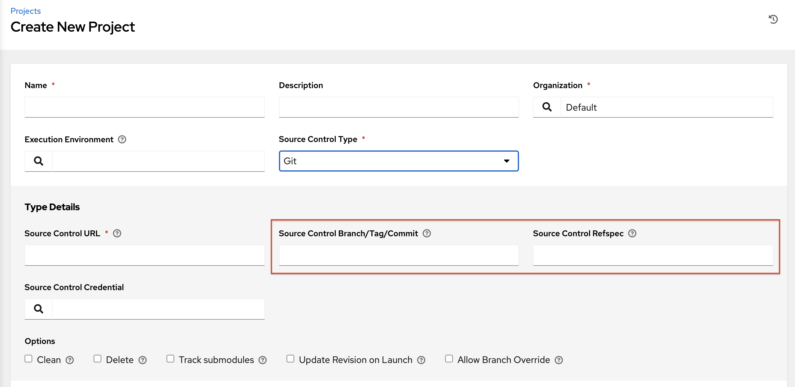 Create New Project page with SCM branching options emphasized